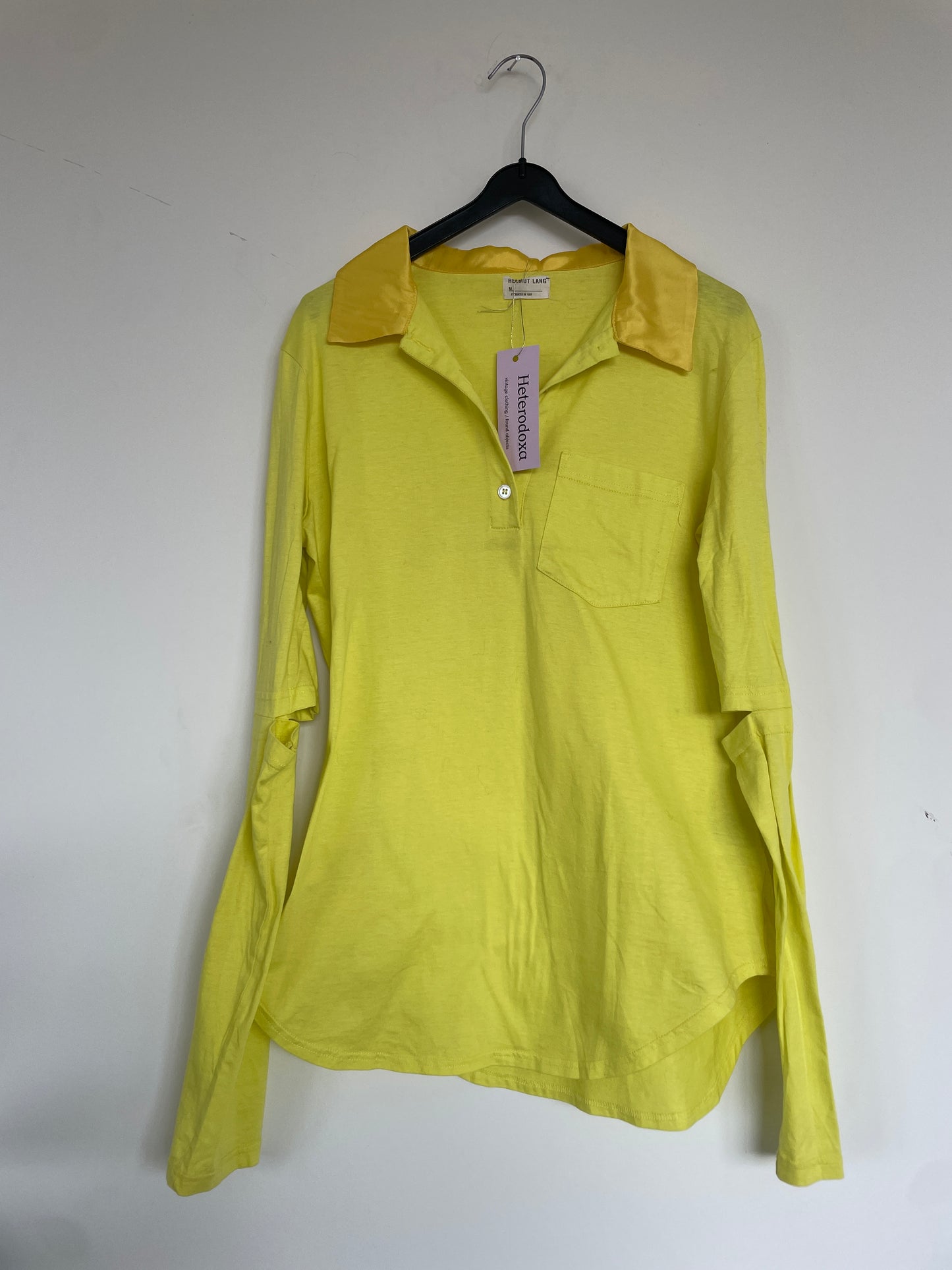 Helmut Lang 1997 bright yellow polo shirt with cut out elbows