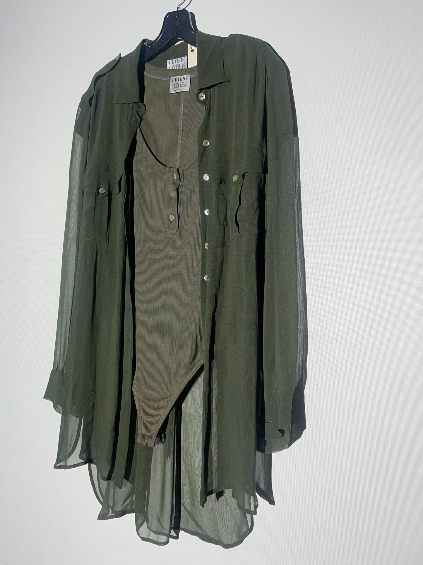 Ozbek 90's rayon khaki bodysuit and transparent laced up shirt