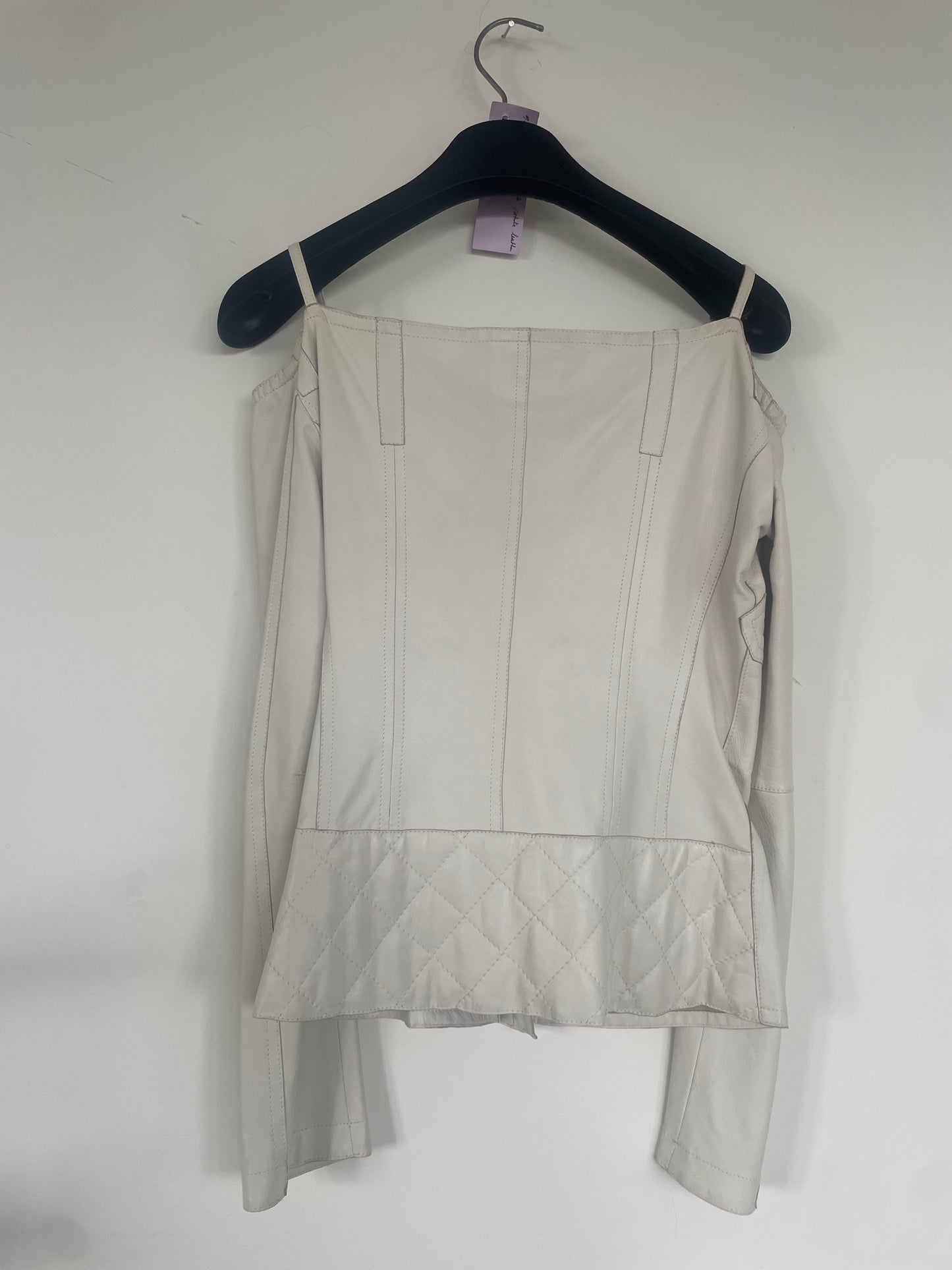 Costume National white leather top with bare shoulders
