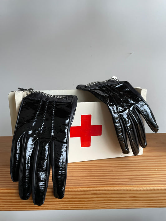 Miu Miu 2000's patent leather and silk black gloves with zipper