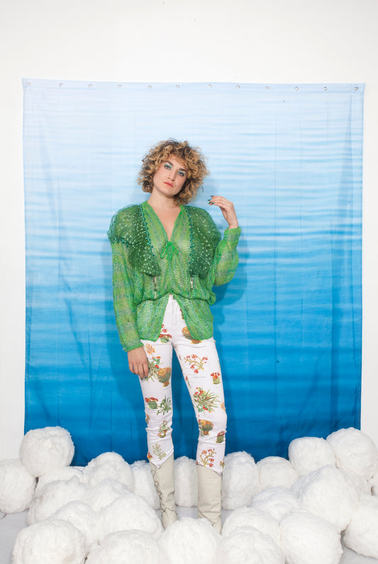 Mali 70's handknit green cardigan with puffy sheer shoulders