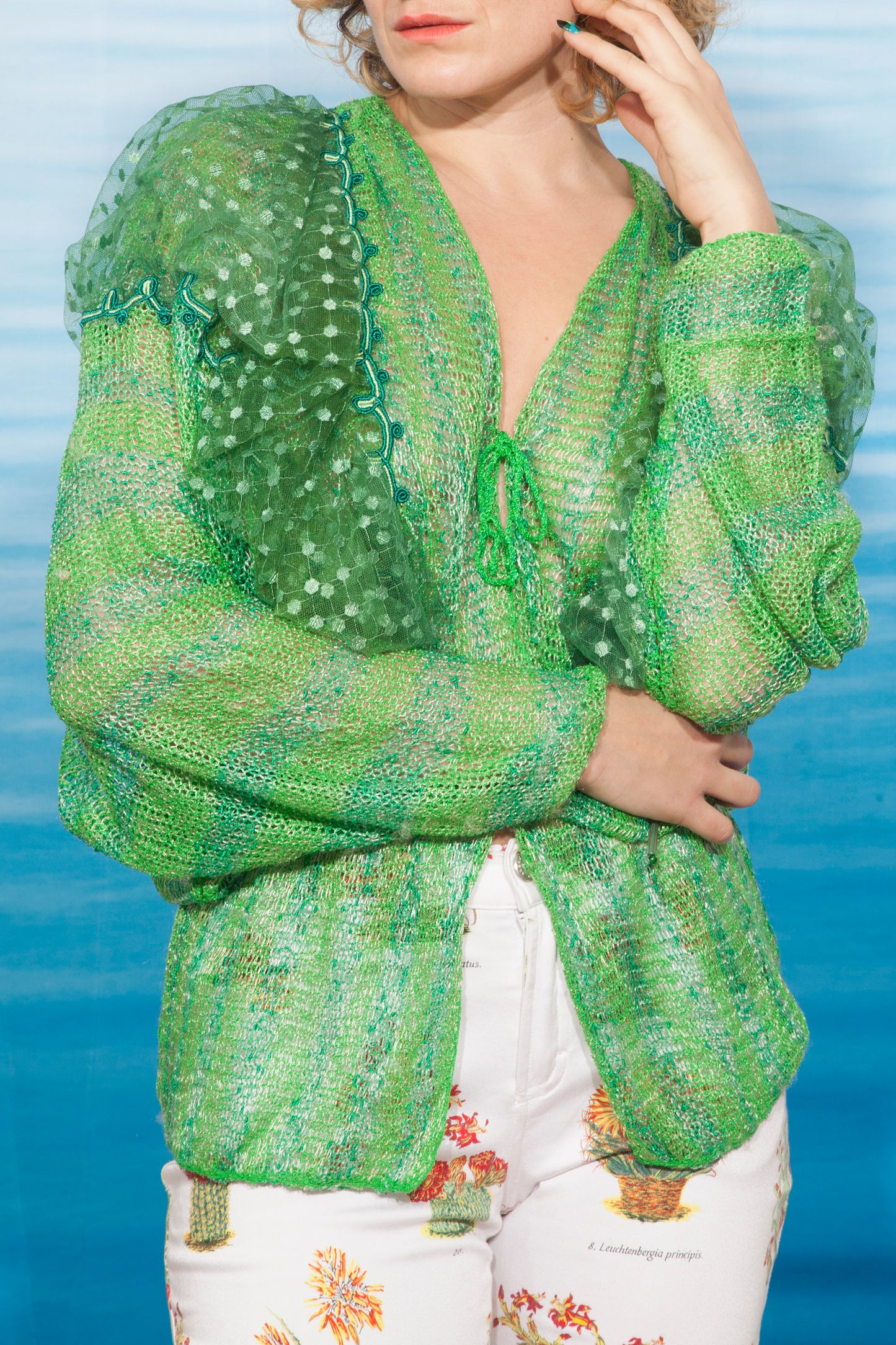 Mali 70's handknit green cardigan with puffy sheer shoulders