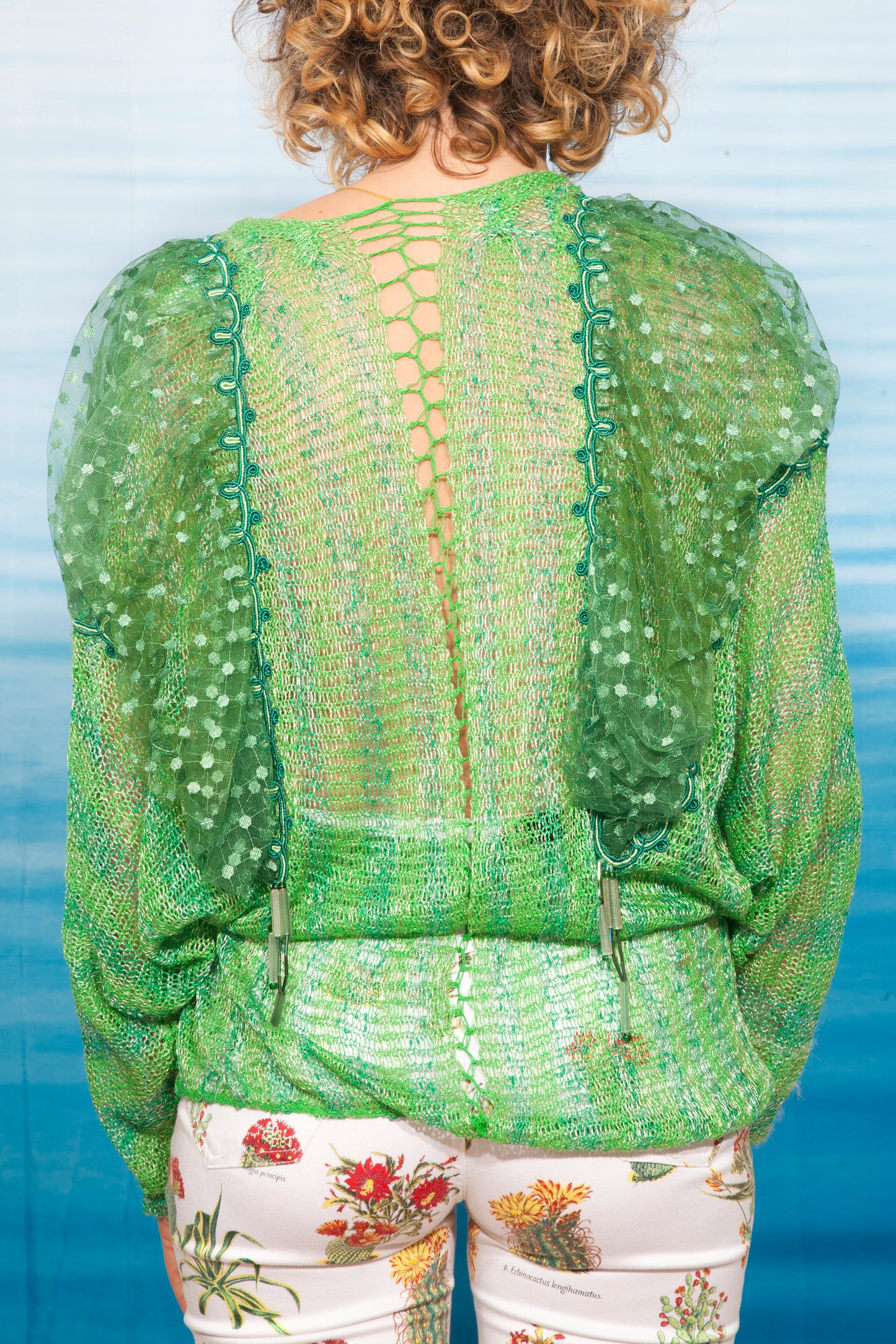Mali 70's handknit green cardigan with puffy sheer shoulders