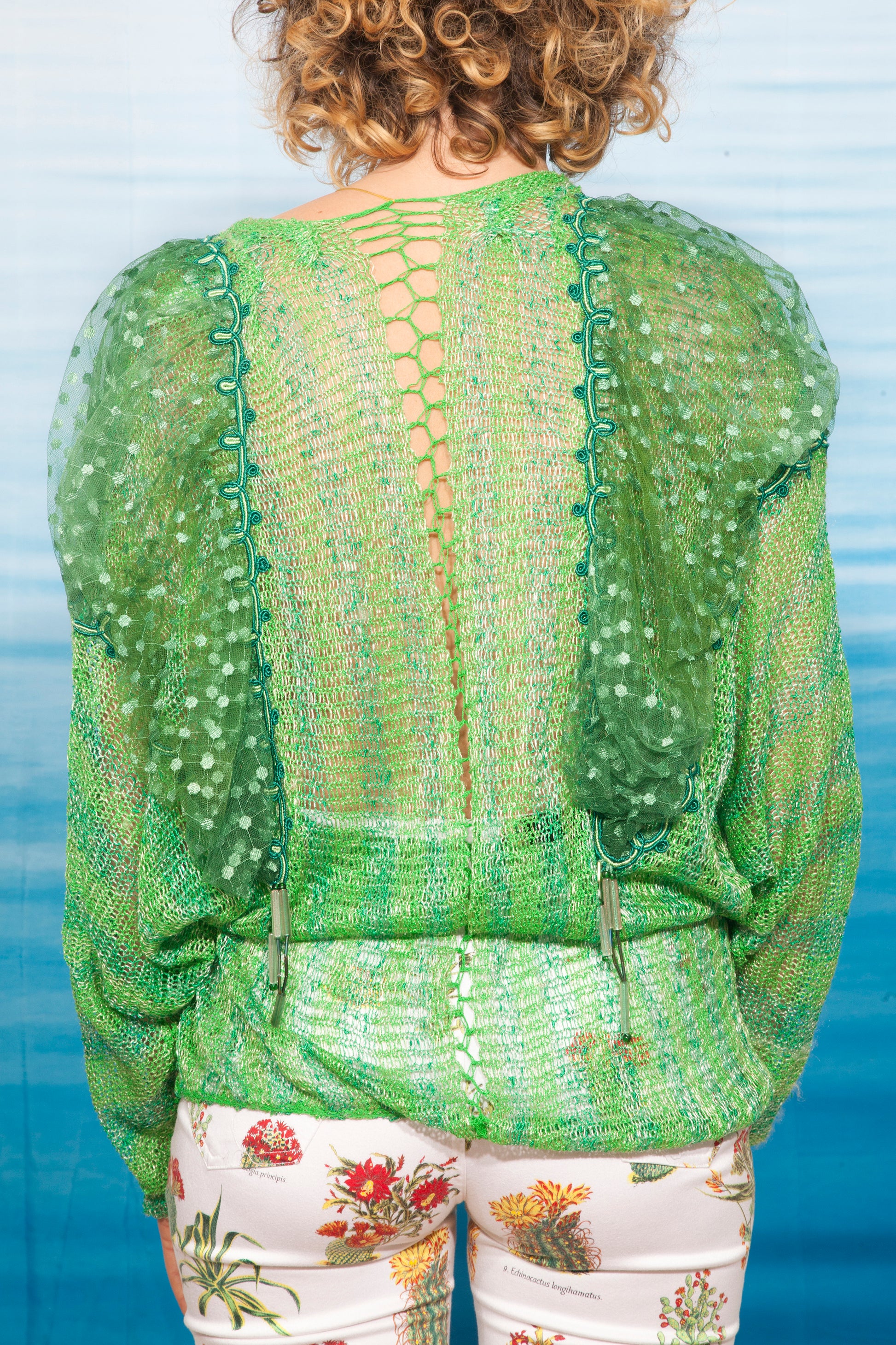 Mali 70's handknit green cardigan with puffy sheer shoulders – Heterodoxa_