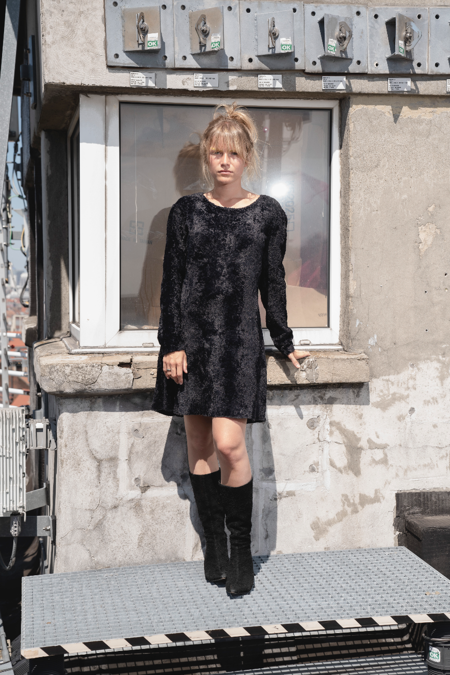Helmut Lang 90's black faux fur mini little black lamb dress