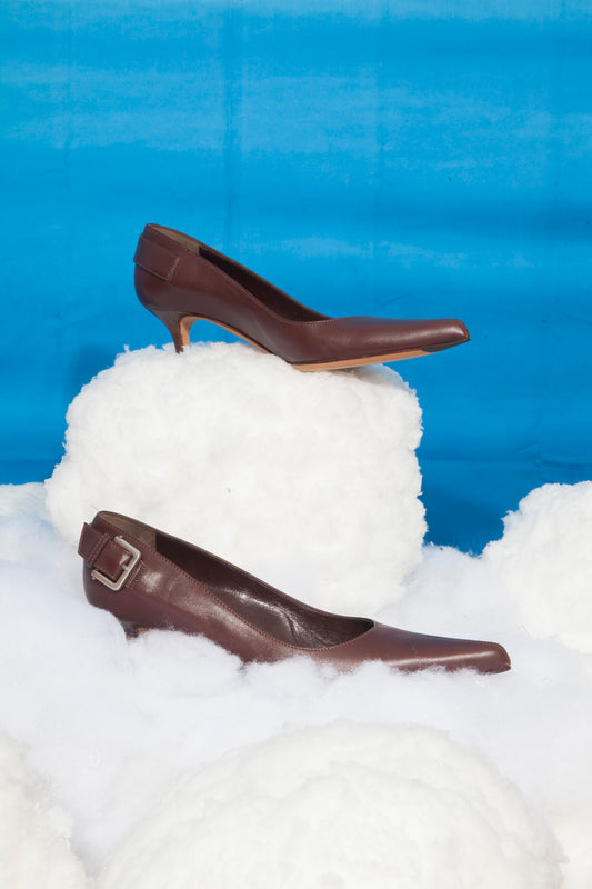 Yves Saint Laurent Y2K leather heels with belt detail in brown